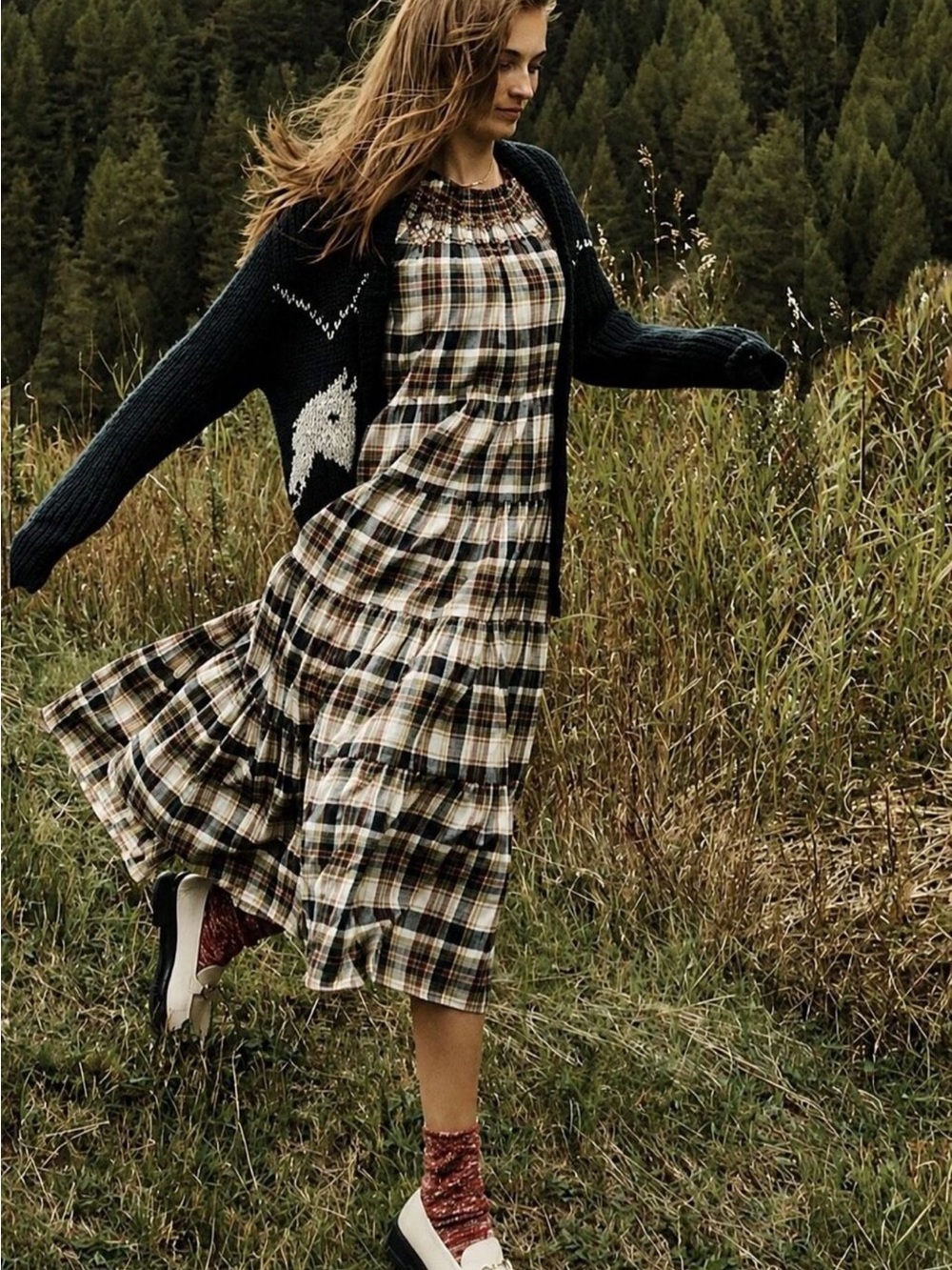 THE GREAT Sea Glass Plaid Tiered Dress TGR1/US4-6